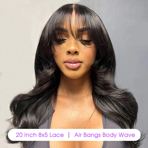 Pre All| Air Bangs Body Wave 8x5 HD Gluless Wig Pre Cut Pre Bleached Natural Human Hair Wigs 10A Quality