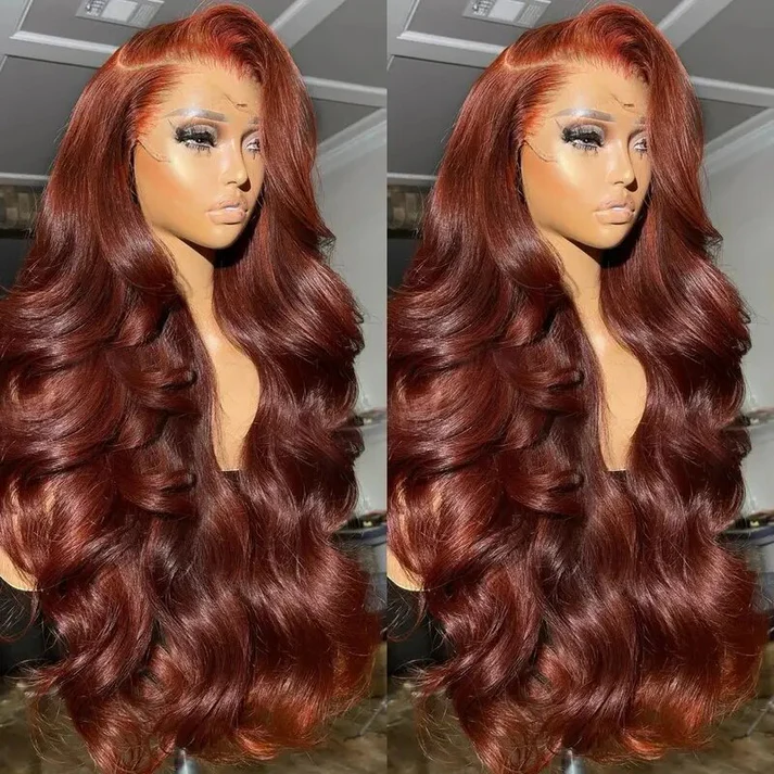 #33 Reddish Brown Color Invisible-Pull String 360 Lace Frontal Wigs Glueless HD Lace Human Hair Wigs