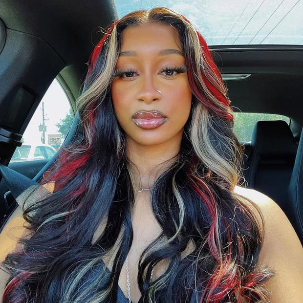 Multi Color Red And Blonde Highlights 13x4 Lace Front Body Wave Wig
