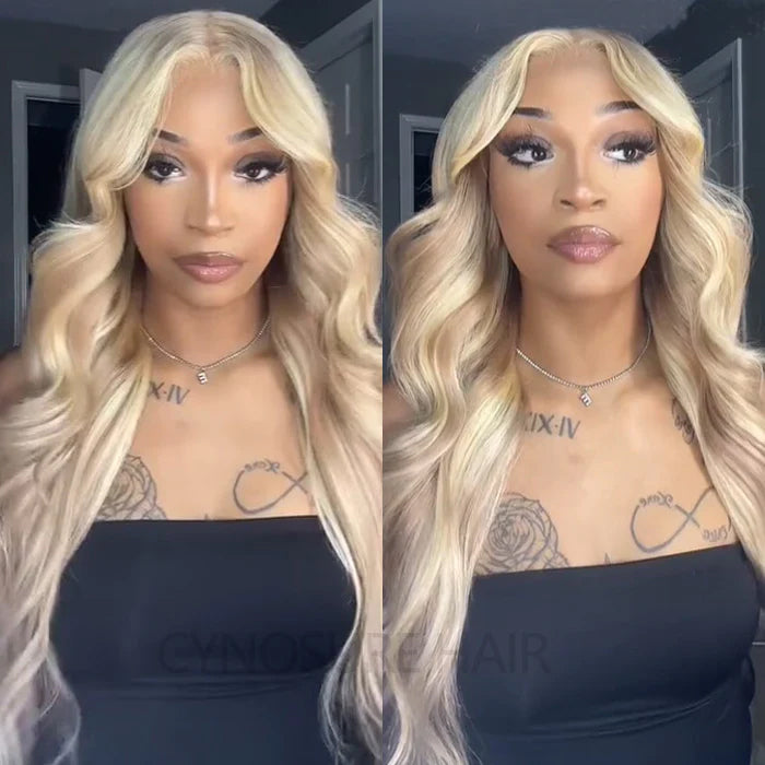 Blonde Highlight Curtain Bangs Body Wave Wigs 13x6 HD Lace Frontal Layered Human Hair Wigs