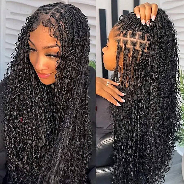 Invisi-String Full Lace Knotless Boho Curls Braided Long Wig Pre-Braid Lightweight Super Natural Scalp
