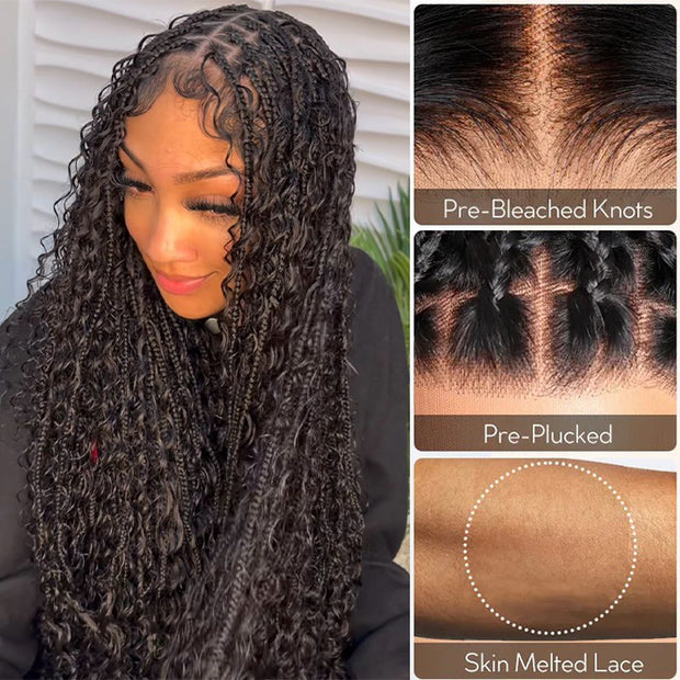 Pull Go Drawstring Cap 13x6 HD Full Lace Knotless Boho Curls Braided Wigs Human Hair
