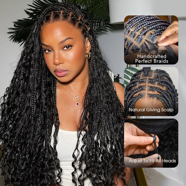 Pull Go Drawstring Cap 13x6 HD Full Lace Knotless Boho Curls Braided Wigs Human Hair