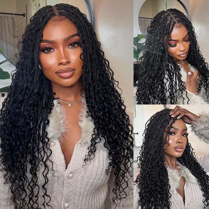 Invisi-String Full Lace Knotless Boho Curls Braided Long Wig Pre-Braid Lightweight Super Natural Scalp