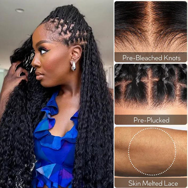 Knotless Boho Braided Wigs Water Wave Glueless 13x6 HD Frontal Lace Wig 100% Human Hair