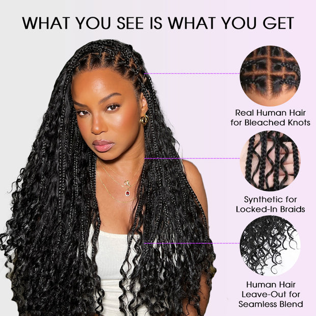 Invisi-String Full Lace Knotless Boho Curls Braided Long Wig Pre-Braid Lightweight Super Natural Scalp