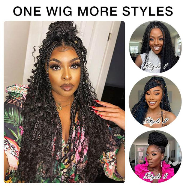 Knotless Boho Braided Wigs Water Wave Glueless 13x6 HD Frontal Lace Wig 100% Human Hair