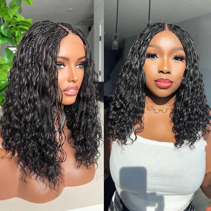Short Boho Braids Wig Water Wave Drawstring 13x6 HD Full Lace Frontal Human Hair Wigs for Black Women