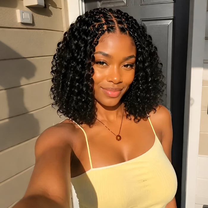 Short Boho Braided Curly Wigs for Black Women Pre Cut HD Lace Human Hair Glueless Wig Flexi Fit Drawstring Cap
