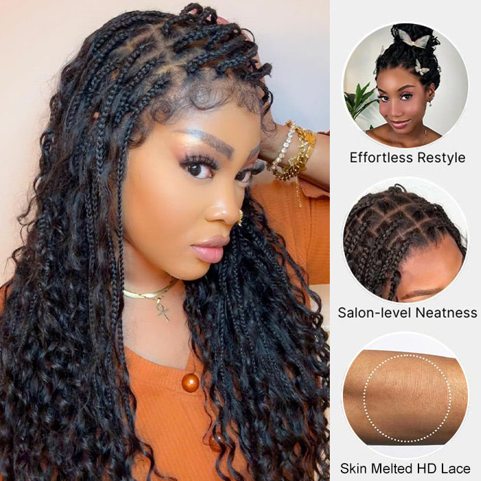 Knotless Boho Braided Wigs Glueless Pre-Cut 13x6 Frontal HD Lace Curly Human Hair Braided Wigs For Women