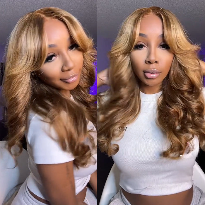 body wave highlight curtain bangs wig