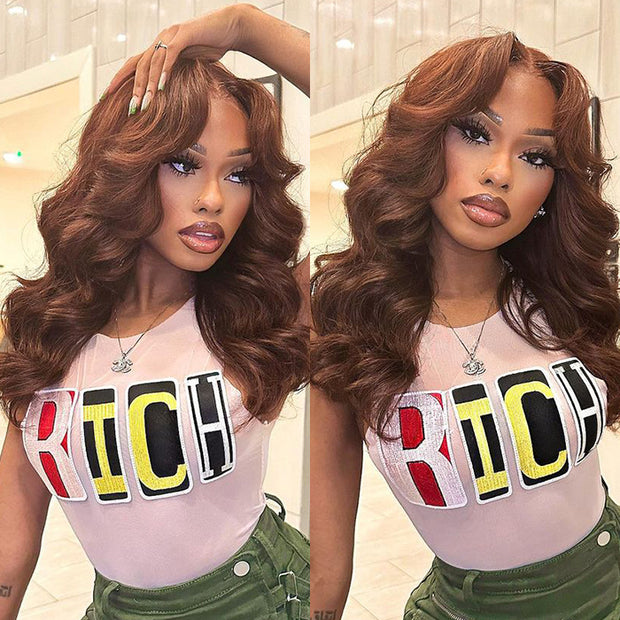 Chestnut Brown Body Wave Glueless 13x4/5x5 HD Lace Closure Wig With Curtain Bangs