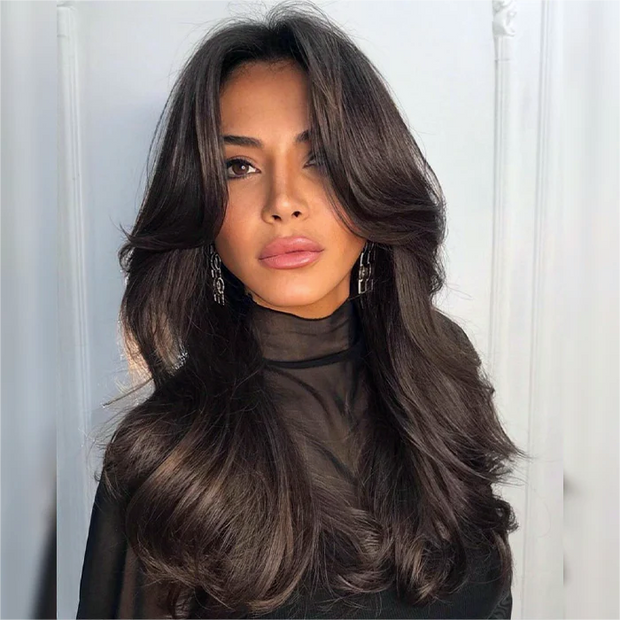 Layered Straight Curtain Bang Wig Wear Go Glueless HD Lace Wig Pre Bleached Tiny Knots Wig
