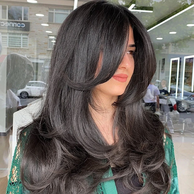 Layered Straight Curtain Bang Wig Wear Go Glueless HD Lace Wig Pre Bleached Tiny Knots Wig