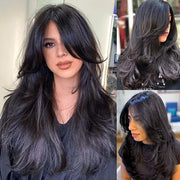 Layered Straight Curtain Bang Wig Wear Go Glueless HD Lace Wig Pre Bleached Tiny Knots Wig