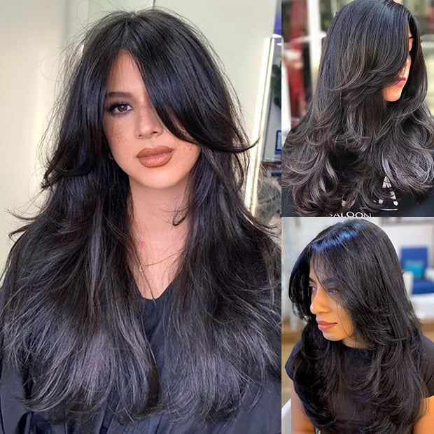 Layered Straight Curtain Bang Wig Wear Go Glueless HD Lace Wig Pre Bleached Tiny Knots Wig