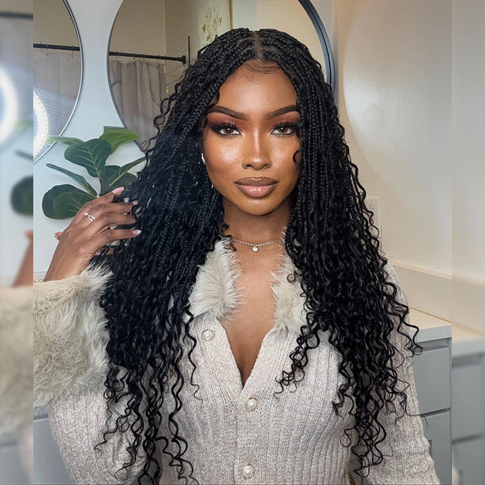 Pull Go Drawstring Cap 13x6 HD Full Lace Knotless Boho Curls Braided Wigs Human Hair
