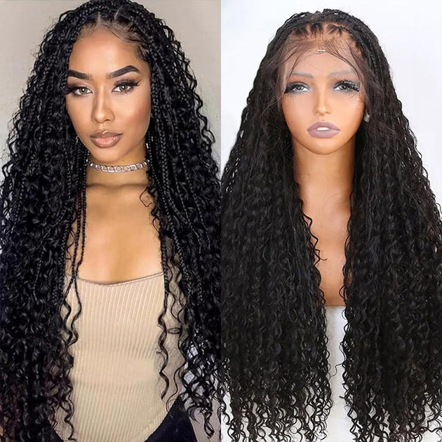 Pull Go Drawstring Cap 13x6 HD Full Lace Knotless Boho Curls Braided W ...