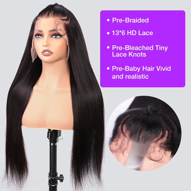 Pre Styled Human Hair 3 Part Pre Braided 13x6 HD Lace Frontal Wig Pre Bleached knots