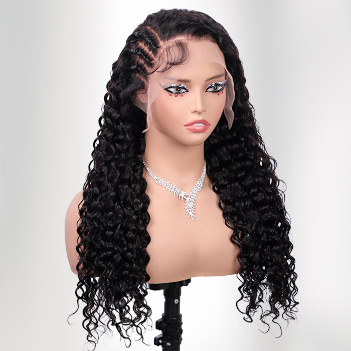Side Braided Style Deep Wave Glueless Ear-to-ear 13x6 Frontal HD Lace Wig Human Hair Flexi-Fit Drawstring Cap