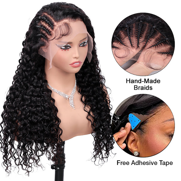 Side Braided Style Deep Wave Glueless Ear-to-ear 13x6 Frontal HD Lace Wig Human Hair Flexi-Fit Drawstring Cap
