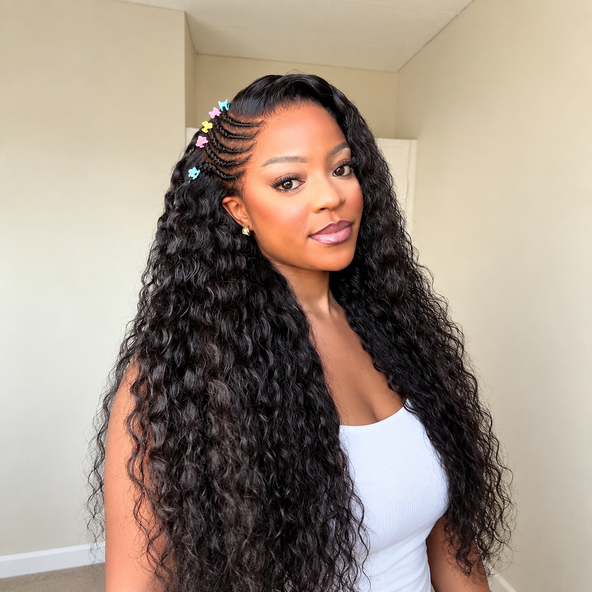 Side Braided Style Deep Wave Glueless Ear-to-ear 13x6 Frontal HD Lace Wig Human Hair Flexi-Fit Drawstring Cap
