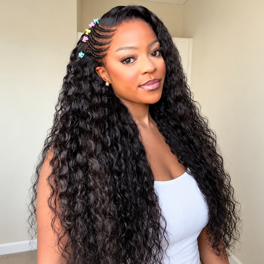 Side Braided Style Deep Wave Glueless Ear-to-ear 13x6 Frontal HD Lace Wig Human Hair Flexi-Fit Drawstring Cap