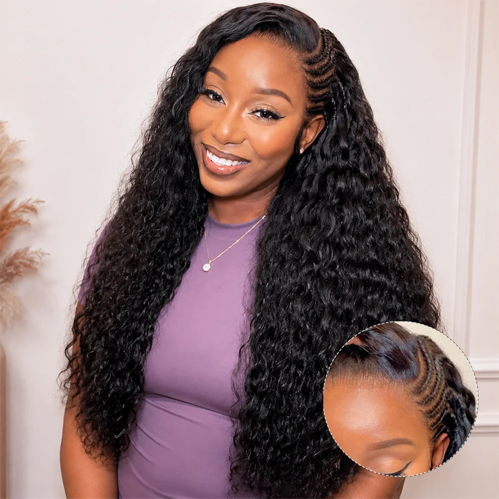 Side Braided Style Deep Wave Glueless Ear-to-ear 13x6 Frontal HD Lace Wig Human Hair Flexi-Fit Drawstring Cap