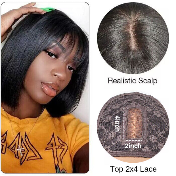 Glueless Top 2x4 Lace Curly Short Bob Wig With Bangs Human Hair Wigs Beginner Friendly