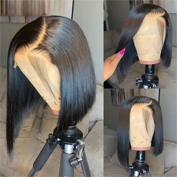 Asymmetrical Blunt Cut Bob Side Part Straight Glueless HD Lace Front Wigs 180% Density