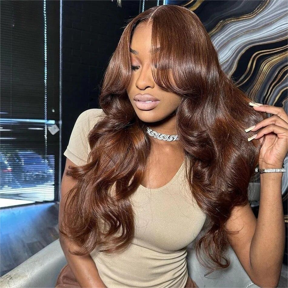 Chocolate Brown Body Wave Glueless 13x4/5x5 HD Lace Closure Wig With Curtain Bangs
