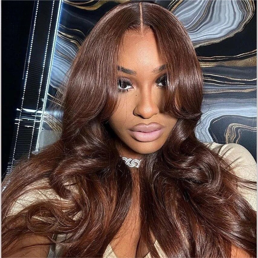 Chocolate Brown Body Wave Glueless 13x4/5x5 HD Lace Closure Wig With Curtain Bangs