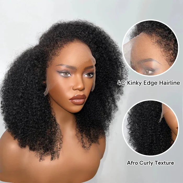 [US 24H Ship] Glueless Afro Kinky Curly Human Hair Wig with Kinky Edge Pre Cut HD Lace Skin Melt Wigs Natural Hairline