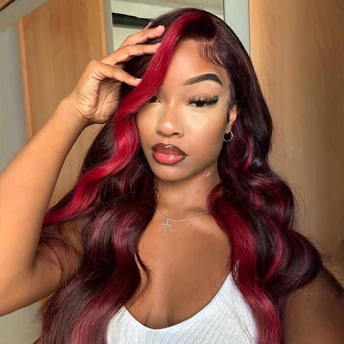 Black Wig With 99J Burgundy Highlight Mixed Colored 13*4/5x5  display picture 3