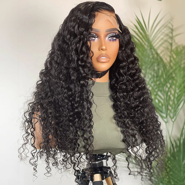 Natural Black Deep Wave 13x4 Frontal Lace C Part Long Wig 100% Human Hair