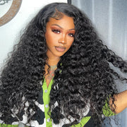 Natural Black Deep Wave 13x4 Frontal Lace C Part Long Wig 100% Human Hair