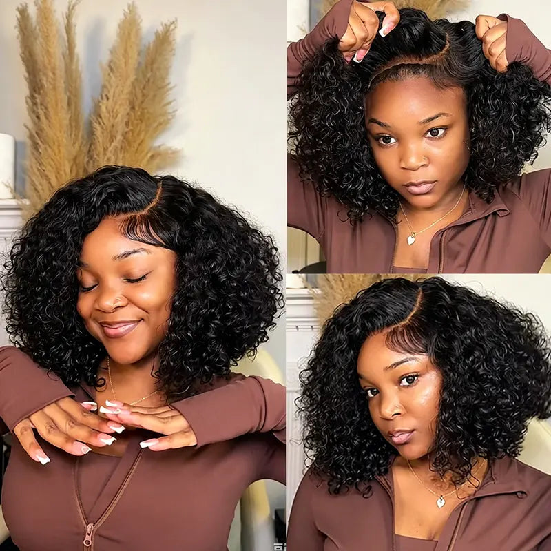 [US 24H Ship] 300% Density Glueless C Side Part Curly Short Bob HD Lace Wig with Drawstring Human Hair Pre Cut