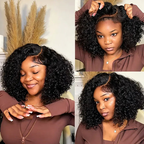 [US 24H Ship] 300% Density Glueless C Side Part Curly Short Bob HD Lace Wig with Drawstring Human Hair Pre Cut