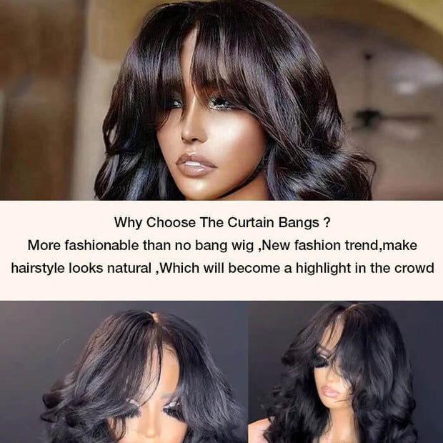 Face-Framing Curtain Bangs Pre-Styled Loose Body Wave Pre Bleached 13x4 Glueless Lace Front Wig For Women