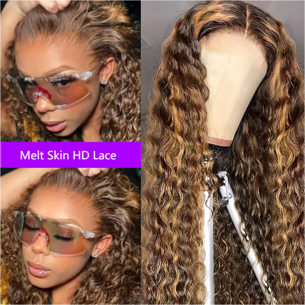 Hermosa Highlight Water Wave Transparent HD Lace Front Wigs 100% Human Hair Wig with Pre Plucked Hairline