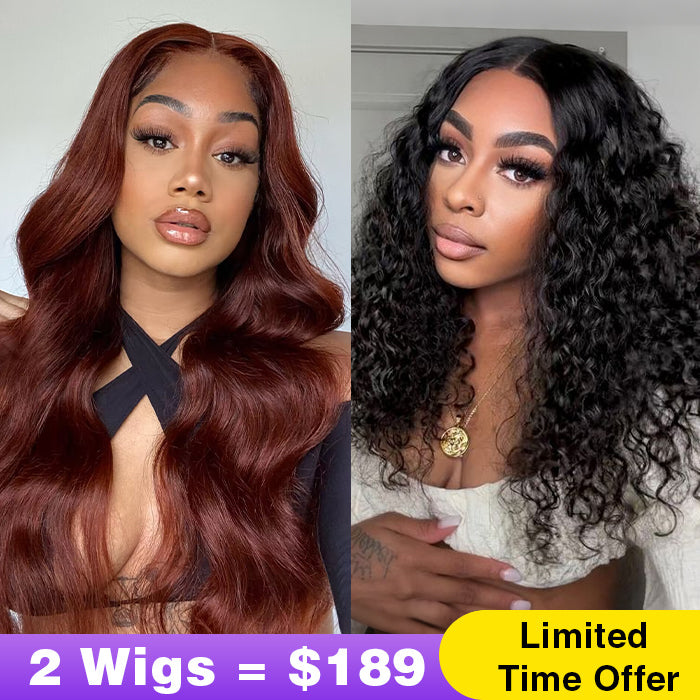 2Wigs = $189 | #33 Reddish Brown Color Body Wave Wig + Glueless Water Wave Wig