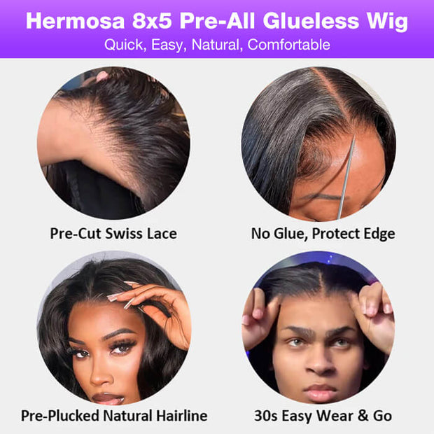8x5 Pre-All Glueless Wig Body Wave HD Lace Closure Human Hair Pre Bleached Pre Plucked Pre Styled