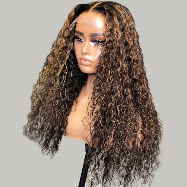 Hermosa Balayage Highlight Water Wave Transparent HD Lace Front Wigs 100% Human Hair Wig with Pre Plucked Hairline