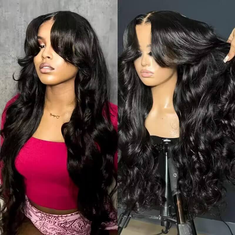 13x6 Lace Frontal Pre-Styled Loose Body Wave Wigs With Curtain Bangs Human Hair Pre Bleached Brailian Wigs For Women