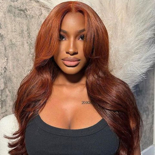 #33 Reddish Brown Curtain Bangs Wigs 13x4 HD Lace Front Human Hair Wig