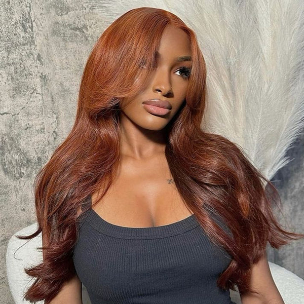 #33 Reddish Brown Curtain Bangs Wigs 13x4 HD Lace Front Human Hair Wig 180% Density