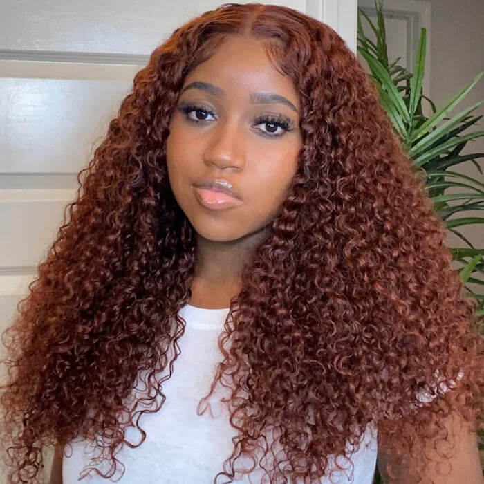 Glueless Lace Reddish Brown Curly Wig With Bleached Knots 8x5 Pre Cut HD Lace Put On And Go Wig