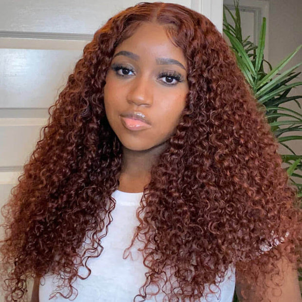 PartingPlus Glueless Curly Wig 8x5 Closure HD Lace 100% Human Hair Wig 33# Reddish Brown Color