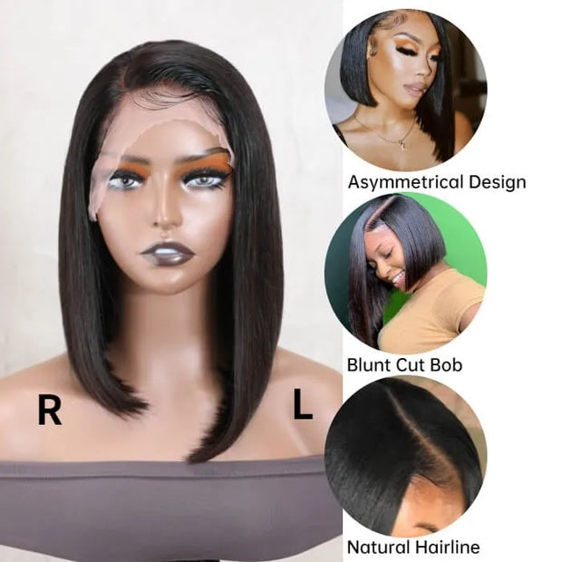 Asymmetrical Blunt Cut Bob Side Part Straight Glueless HD Lace Front Wigs 220% Density