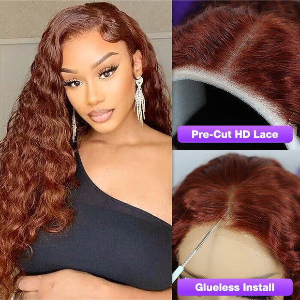 2Wigs = $189 | Highlight Body Wave Wig With Bangs + Glueless Water Wave Wig #33 Reddish Brown Color